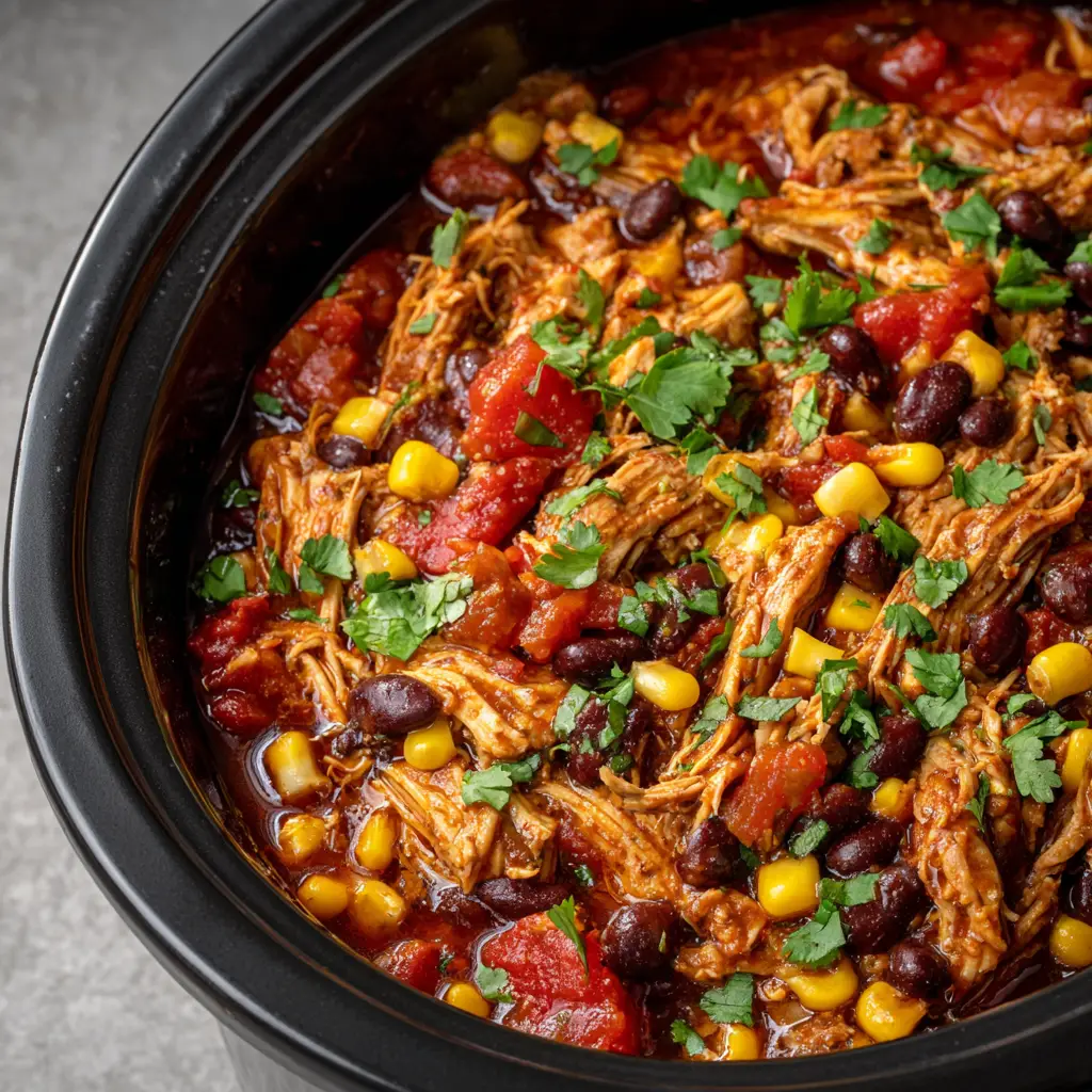 Top-down view of a black slow cooker insert filled with High Protein Crockpot Meals showing hearty shredded chicken in a glossy red sauce with bright yellow corn and cilantro.