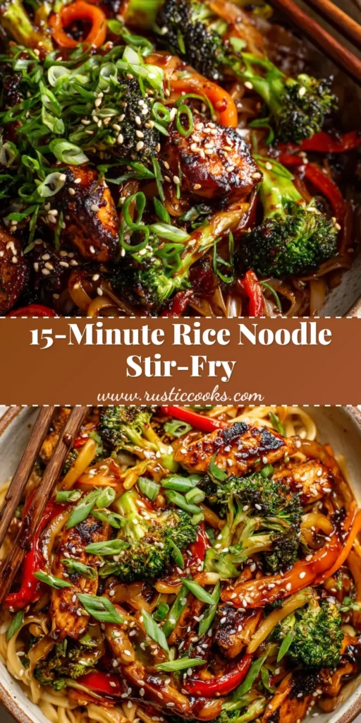 Easy & Authentic Rice Noodle Stir-Fry with Seared Chicken 4 A steaming shallow rustic ceramic bowl of Rice Noodle Stir-Fry topped with toasted sesame seeds and fresh scallions.