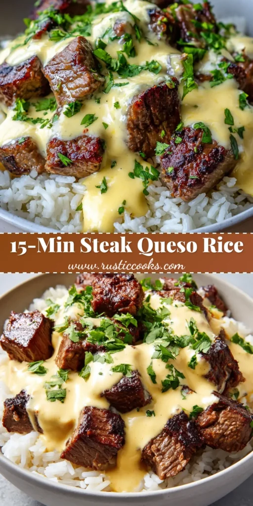 A close-up of a simple round ceramic bowl filled with fluffy white rice, topped with deeply browned, seared bite-sized steak cubes, smothered in a thick, smooth, creamy pale yellow queso cheese sauce, and garnished with finely minced green cilantro. (Steak Queso Rice)