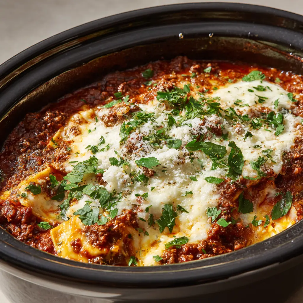 Close up of bubbling meat sauce and wavy lasagna noodles peeking through gooey, golden-brown melted mozzarella.
