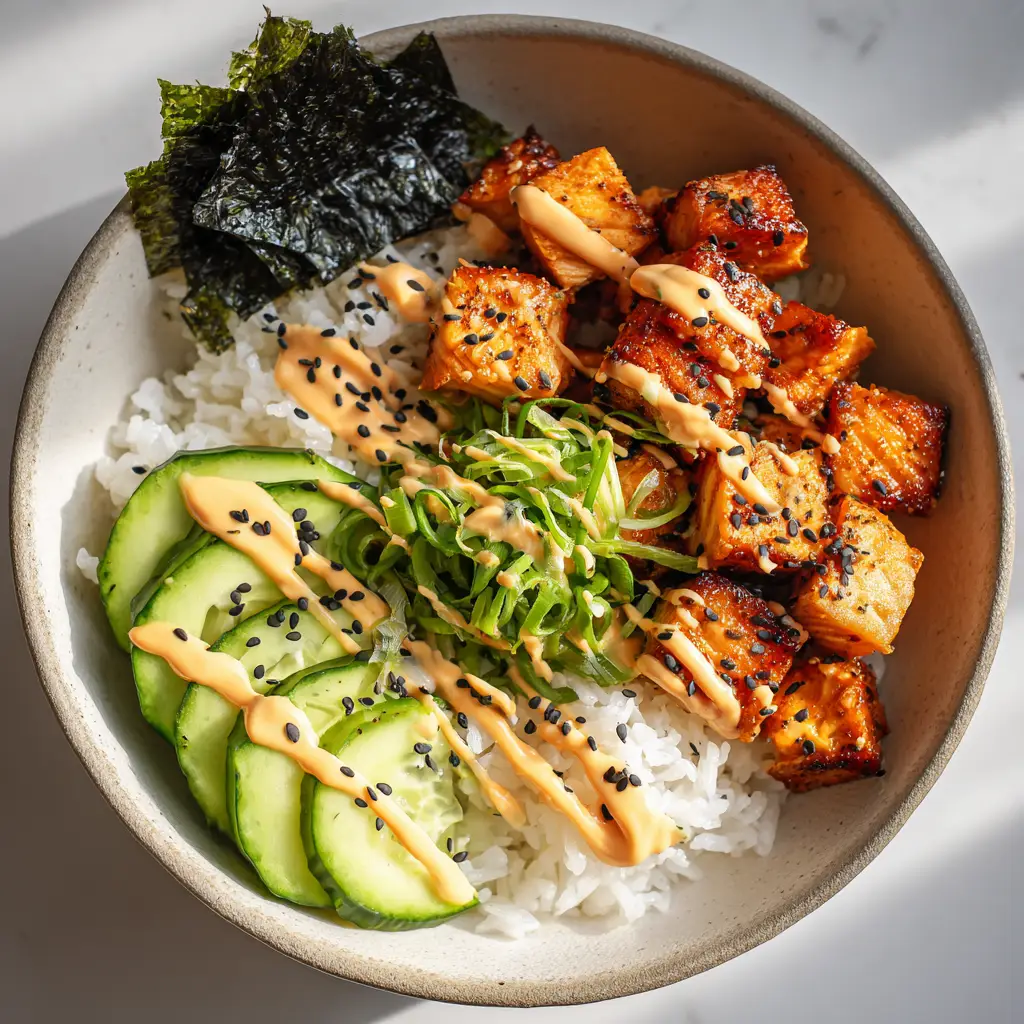 The Ultimate Air Fryer Salmon Rice Bowl 2 Top-down view of an Air Fryer Salmon Rice Bowl in a matte ceramic bowl garnished with toasted sesame seeds and nori squares.