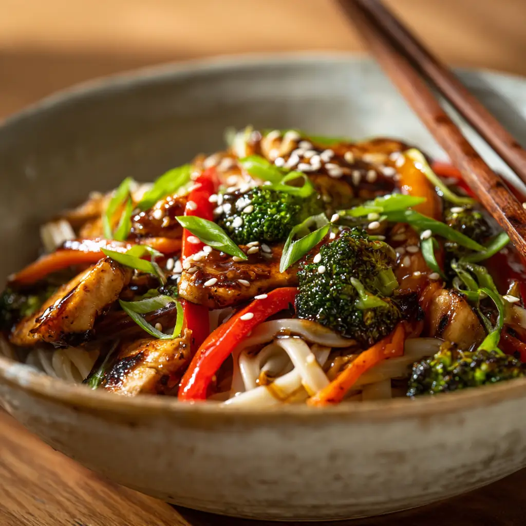 Easy & Authentic Rice Noodle Stir-Fry with Seared Chicken 2 Close up of thick flat rice noodles heavily coated in a glossy dark brown savory sauce with crisp broccoli and seared chicken.