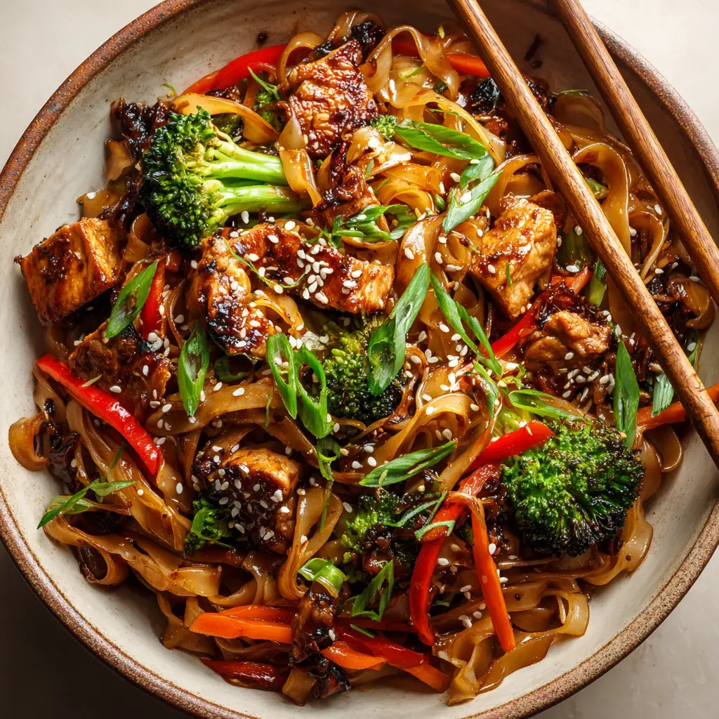 Easy & Authentic Rice Noodle Stir-Fry with Seared Chicken 1 Wooden chopsticks resting on the rim of a rustic ceramic bowl filled with chicken and vegetable rice noodle stir-fry.