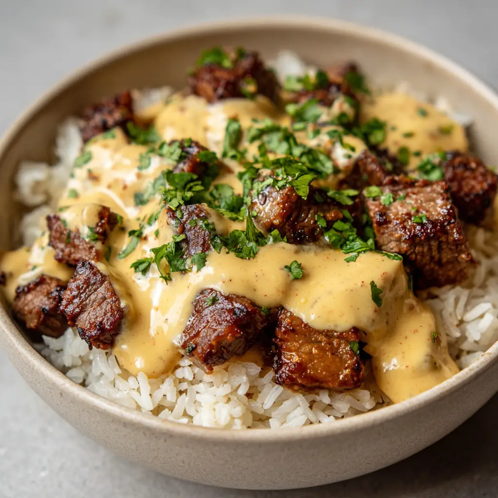 Handheld smartphone photo style shot of an irresistible bowl of steak queso rice placed on a neutral matte table surface, bathed in natural daylight.