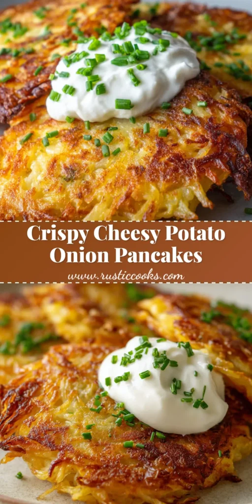 A close-up shot of golden brown, crispy Cheesy Potato Pancakes topped with a dollop of sour cream and chives.