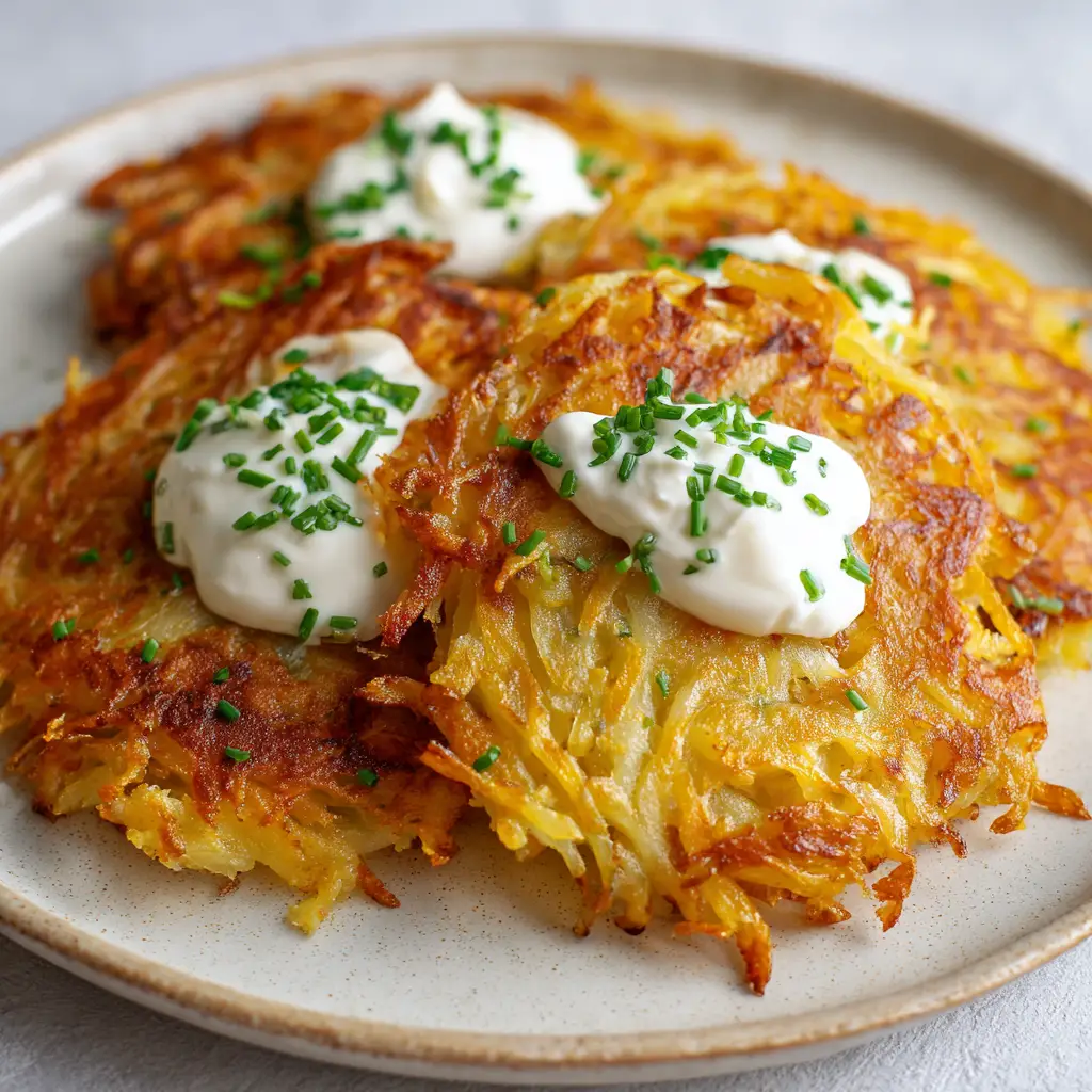 Stack of Cheesy Potato Pancakes resting gracefully on a simple ceramic plate highlighting the shredded strands of potato.