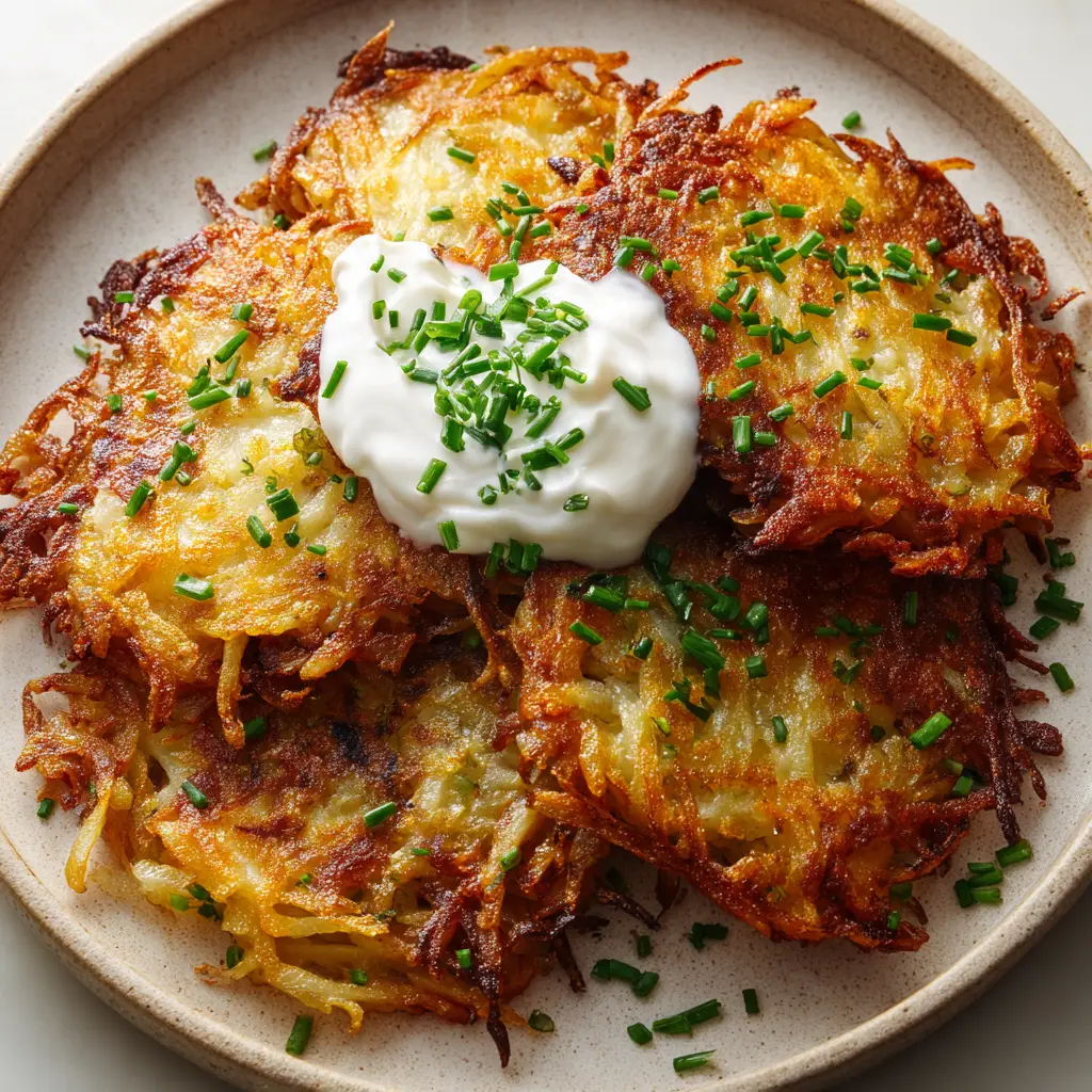 Close-up of golden brown Cheesy Potato Pancakes showing melted yellow cheese baked into the crust.