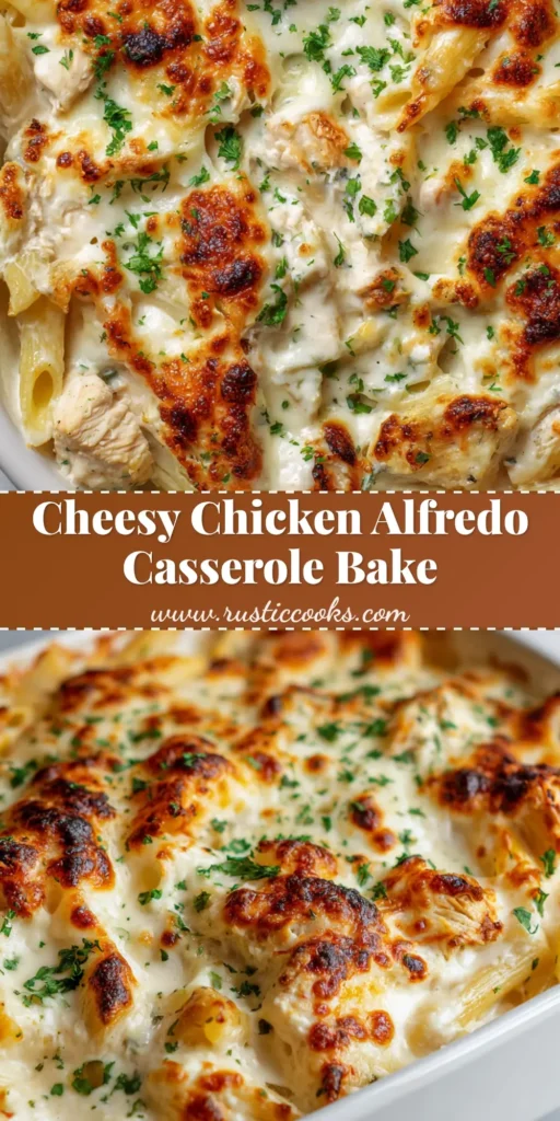The Ultimate Cheesy Chicken Alfredo Casserole Experience 4 A close-up vertical shot of a scooped Cheesy Chicken Alfredo Casserole showing bubbling cream sauce and melted cheese crust.