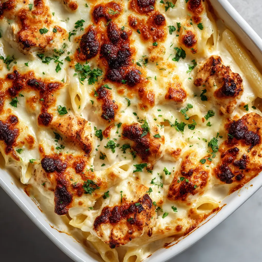 Freshly baked cheesy chicken alfredo casserole in a rectangular white ceramic baking dish with a thick, gooey crust of melted mozzarella and heavy golden-brown blistering.