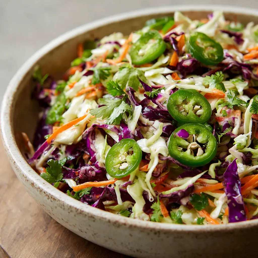 Vibrant Jalapeno Slaw: A Crisp and Creamy Cabbage Salad 2 Close up of finely shredded raw green and purple cabbage mixed with matchstick carrots and fresh sliced jalapeno rings.