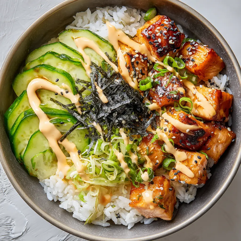 The Ultimate Air Fryer Salmon Rice Bowl 1 Close-up of crispy, golden-brown air-fried salmon cubes drizzled with a zigzag of sweet soy glaze and spicy mayo.