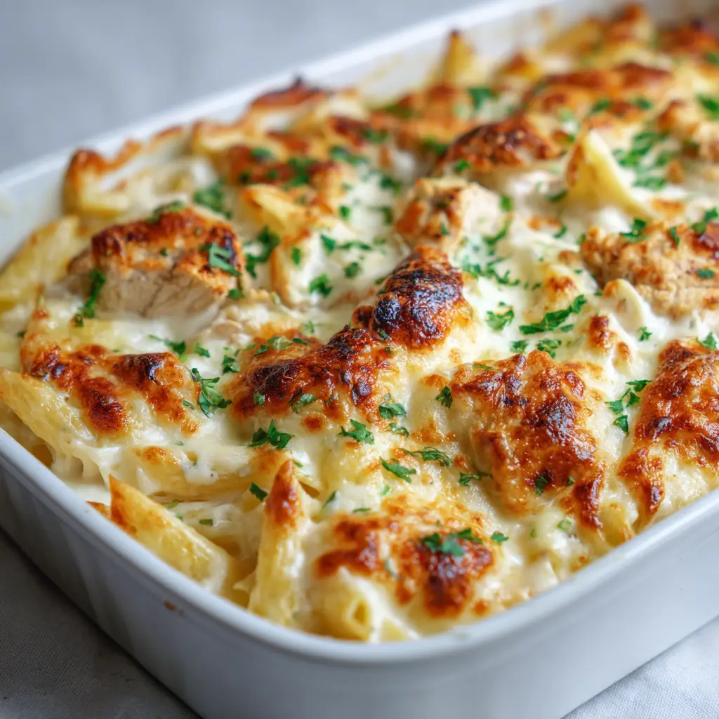 The Ultimate Cheesy Chicken Alfredo Casserole Experience 1 Close up of al dente penne pasta and thick chunks of seared chicken breast coated in a glossy white alfredo cream sauce.