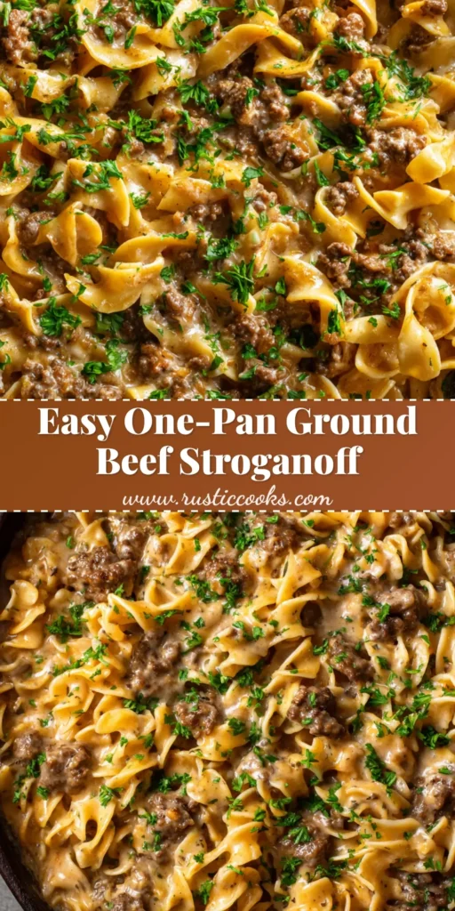 The Ultimate One Pan Ground Beef Stroganoff 4 A close-up, top-down view of One Pan Ground Beef Stroganoff in a dark rustic skillet with thick wavy noodles and a glossy, creamy brown sauce.