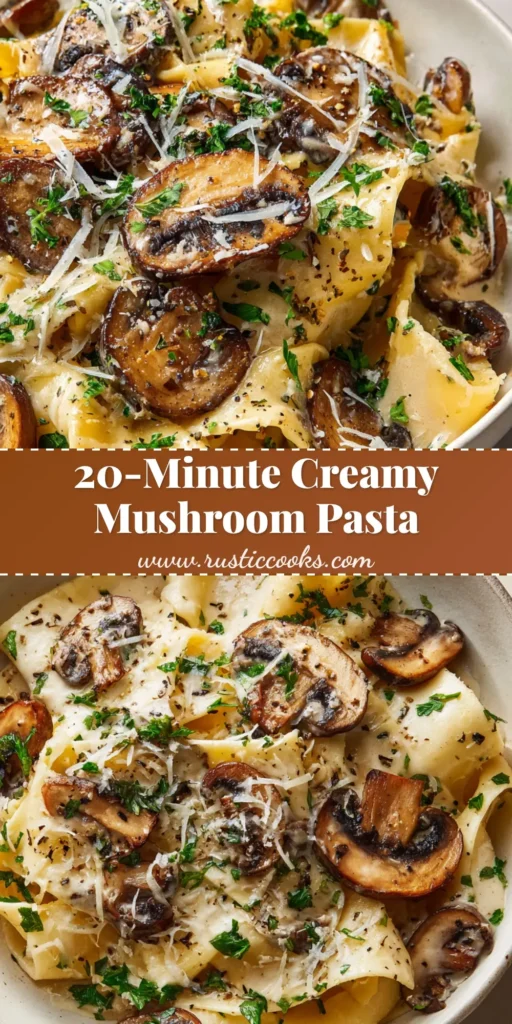 Creamy Mushroom Parmesan Pasta 4 A close-up of a shallow white ceramic bowl filled with Creamy Mushroom Parmesan Pasta, featuring thick pappardelle, a glossy pale sauce, pan-seared cremini mushrooms, and fresh parsley.