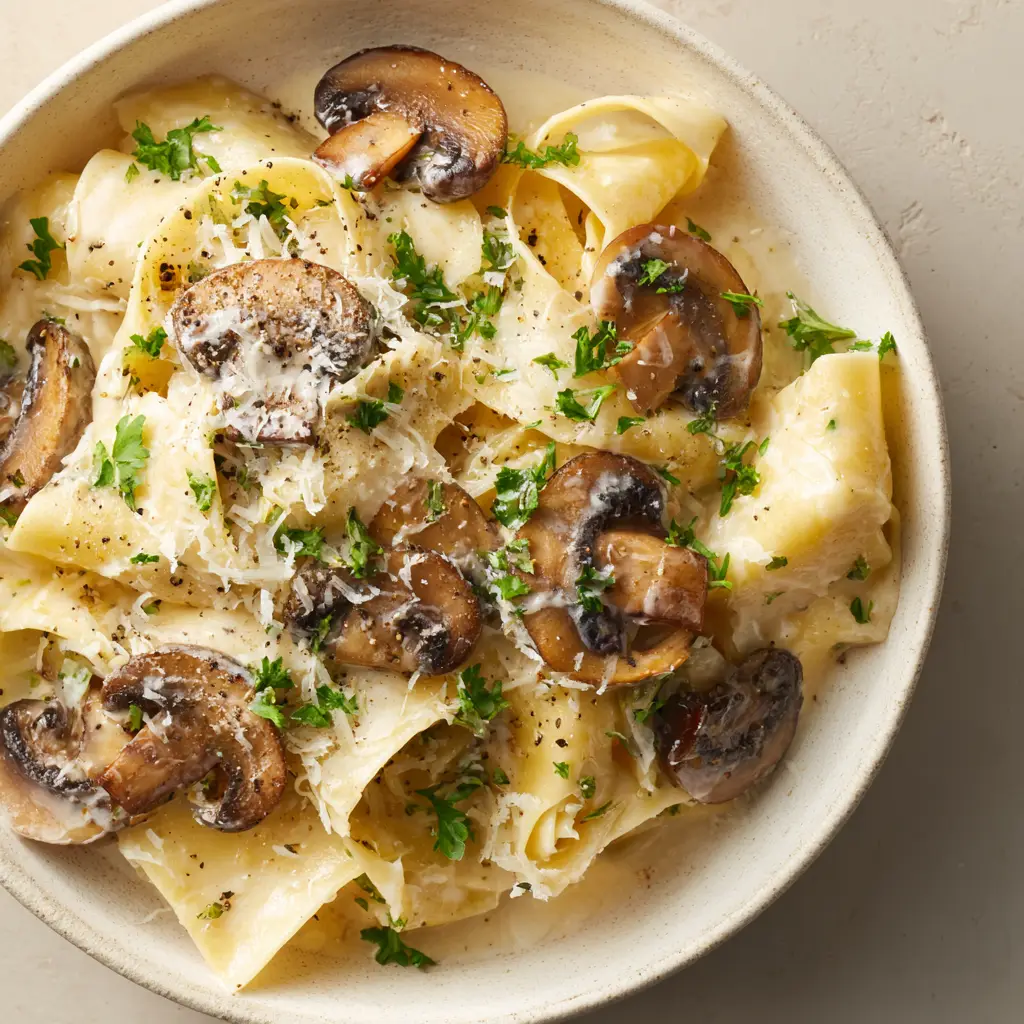 Close-up shot of Creamy Mushroom Parmesan Pasta showing thick pappardelle noodles heavily coated in a pale parmesan cream sauce.