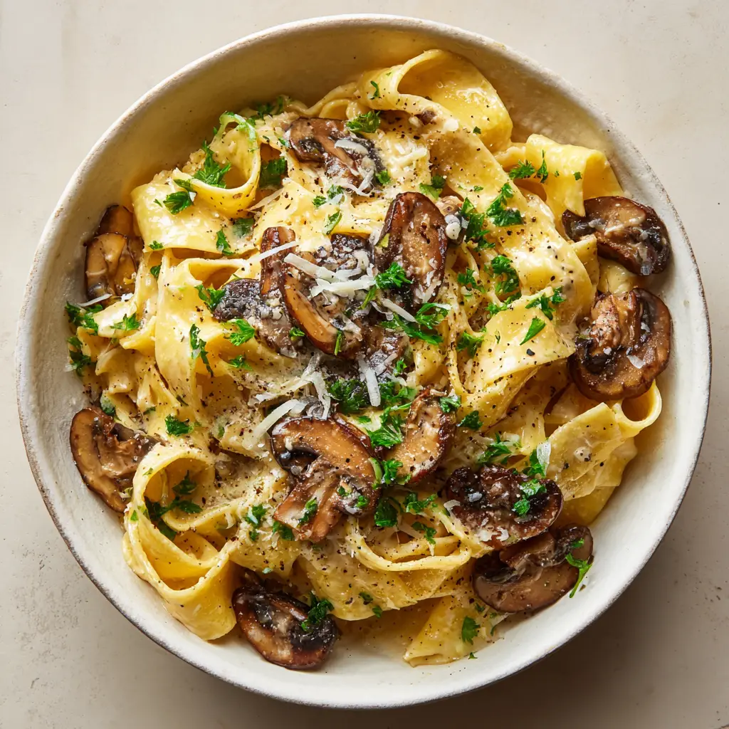 Creamy Mushroom Parmesan Pasta 1 Overhead view of layered slices of pan-seared, golden-brown cremini mushrooms resting on creamy pasta, garnished with coarse black pepper and green parsley.
