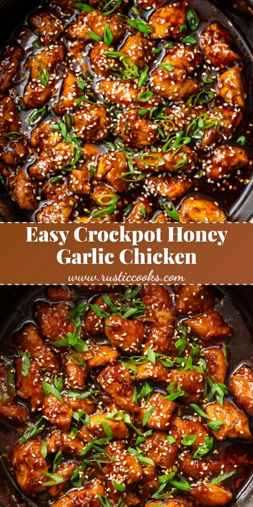 An overhead shot of Crockpot Honey Garlic Chicken in a black slow cooker insert. The chicken is coated in a sticky, dark amber sauce and garnished with sesame seeds and scallions.