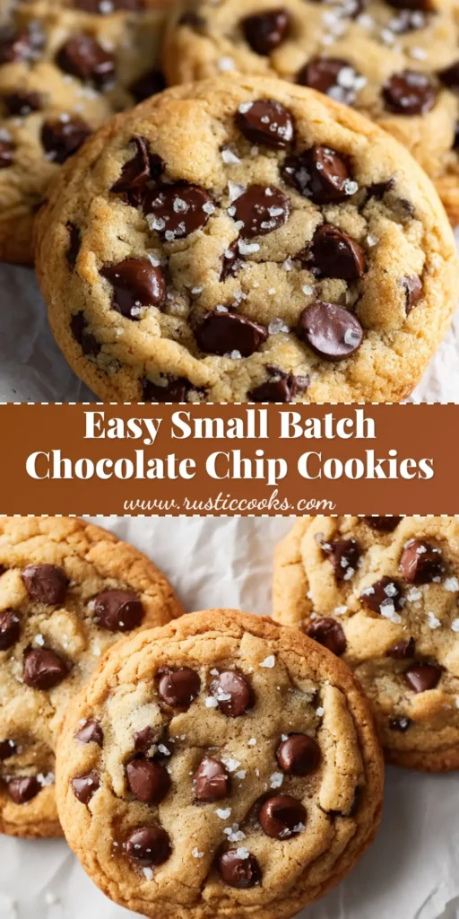 A top-down view of several small batch chocolate chip cookies on parchment paper, sprinkled with sea salt.