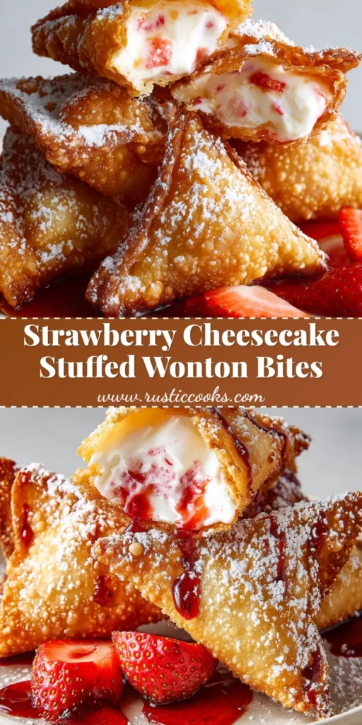 A close-up of golden-brown deep-fried wonton triangles heavily dusted with white powdered sugar, broken open to reveal creamy strawberry cream cheese filling.