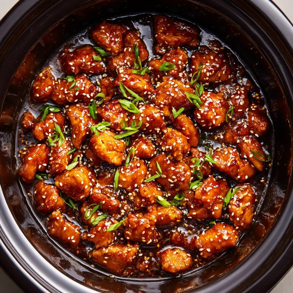A handheld-style photo showing syrupy brown glazed chicken pieces heavily sprinkled with toasted white sesame seeds and freshly chopped green scallions.