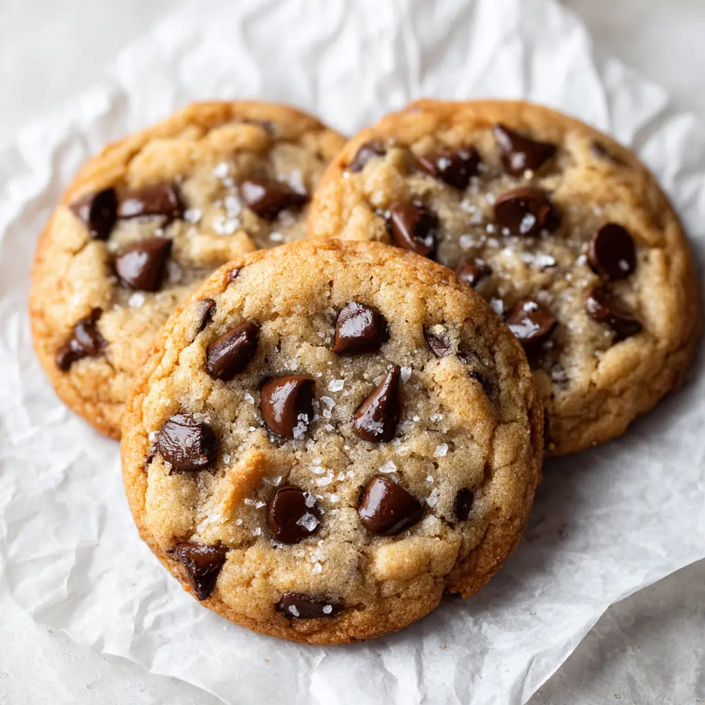A detailed shot highlighting the glossy, half-melted semi-sweet chocolate chips and flaky sea salt on a warm chocolate chip cookie.