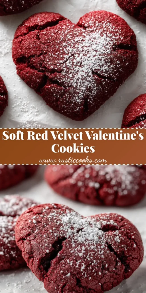 Red Velvet Valentine Cookies (Soft, Chewy, & Cracked) 4 A close-up of thick, heart-shaped Red Velvet Valentine Cookies with cracked tops, dusted with powdered sugar, on white parchment paper.