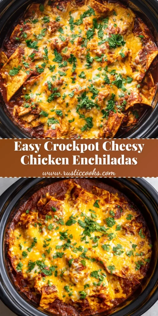 A rich and cheesy Crockpot Chicken Enchiladas casserole bubbling in a black slow cooker. Topped with melted cheddar and Monterey Jack cheese and fresh cilantro. (Crockpot Chicken Enchiladas)