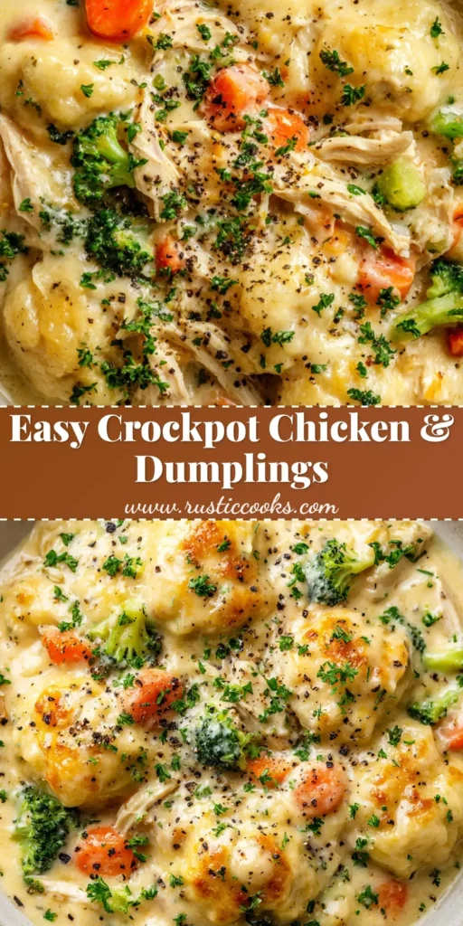 The Ultimate Crockpot Chicken and Dumplings (So Creamy!) 4 An overhead view of a bowl of creamy Crockpot Chicken and Dumplings, garnished with fresh parsley and black pepper.