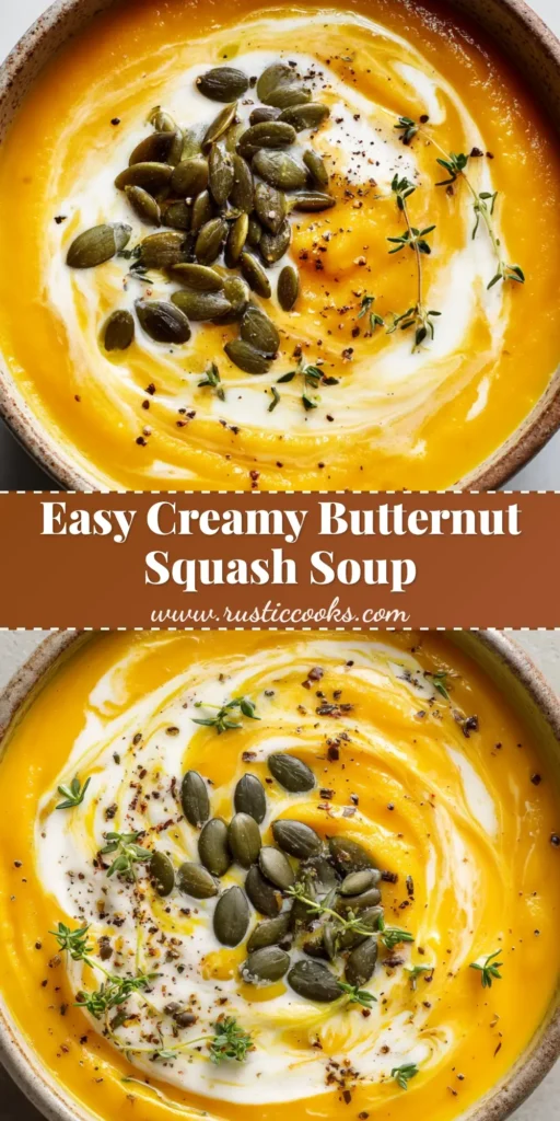 An overhead close-up of a rustic bowl of creamy butternut squash soup, garnished with a heavy cream swirl, toasted pumpkin seeds, and a sprig of thyme.