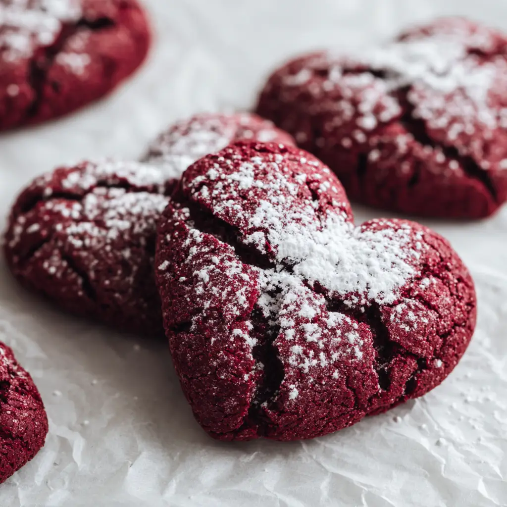 Red Velvet Valentine Cookies (Soft, Chewy, & Cracked) 2 Several heart-shaped red velvet cookies with crinkled, sugary tops sitting on a sheet of white parchment paper. The background is neutral with soft daylight.
