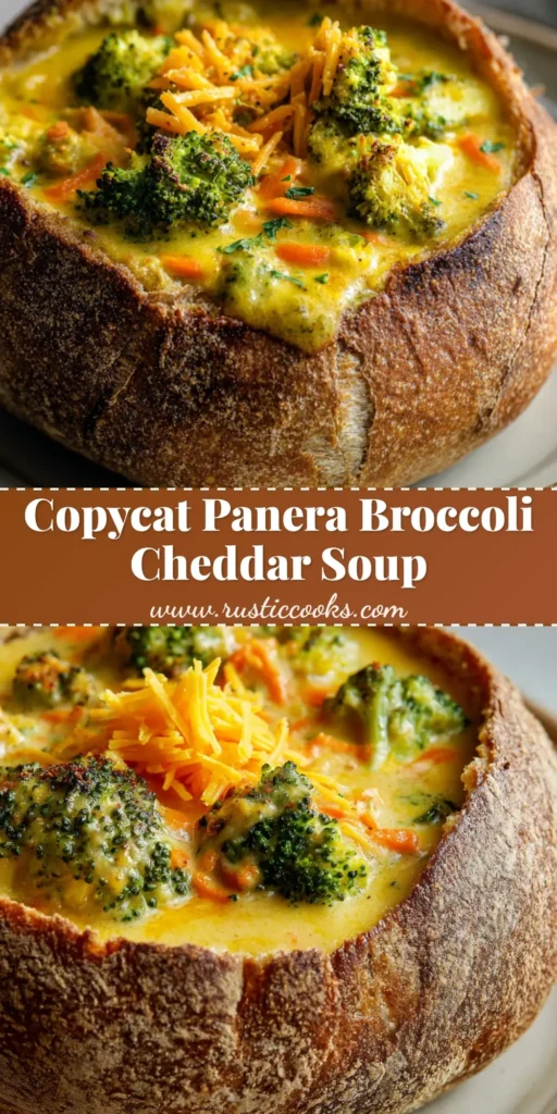 A close-up of Panera Broccoli Cheddar Soup in a rustic hollowed-out crusty sourdough bread bowl, loaded with bright green broccoli florets.