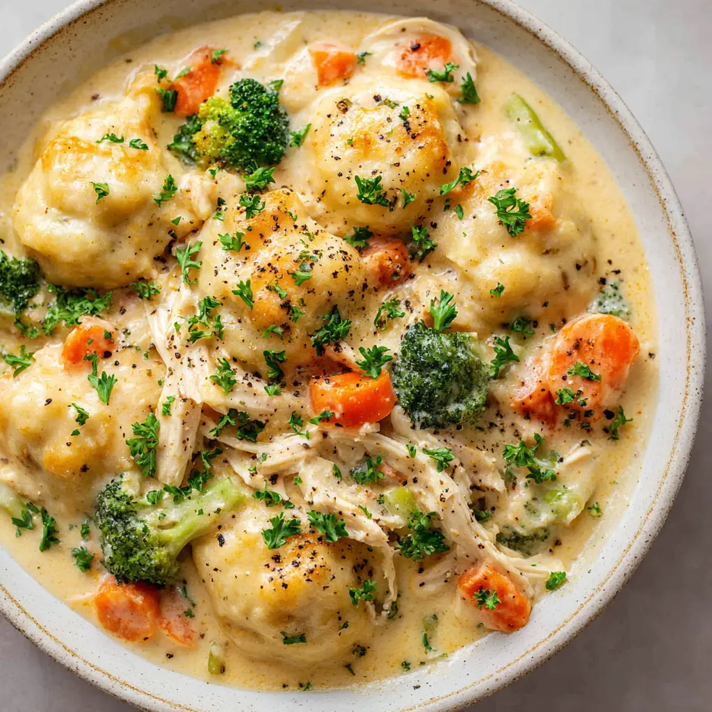 The Ultimate Crockpot Chicken and Dumplings (So Creamy!) 2 A close-up overhead shot of creamy Crockpot chicken and dumplings in a rustic white ceramic bowl. The dish has a thick, pale yellow broth with shredded chicken, soft biscuit dumplings, diced carrots, and broccoli florets.