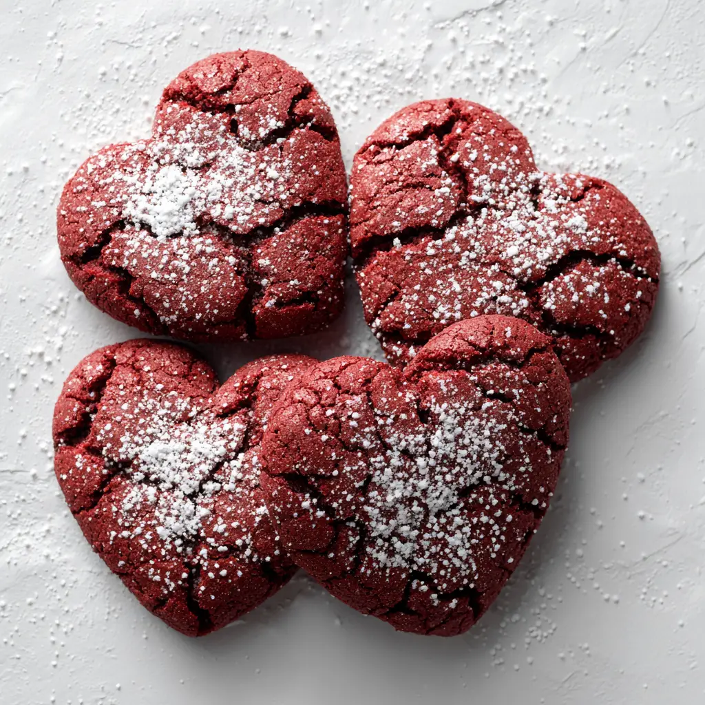 Red Velvet Valentine Cookies (Soft, Chewy, & Cracked) 1 A handheld view of a thick, soft-baked red velvet heart cookie with a cracked surface, showcasing its tender texture.