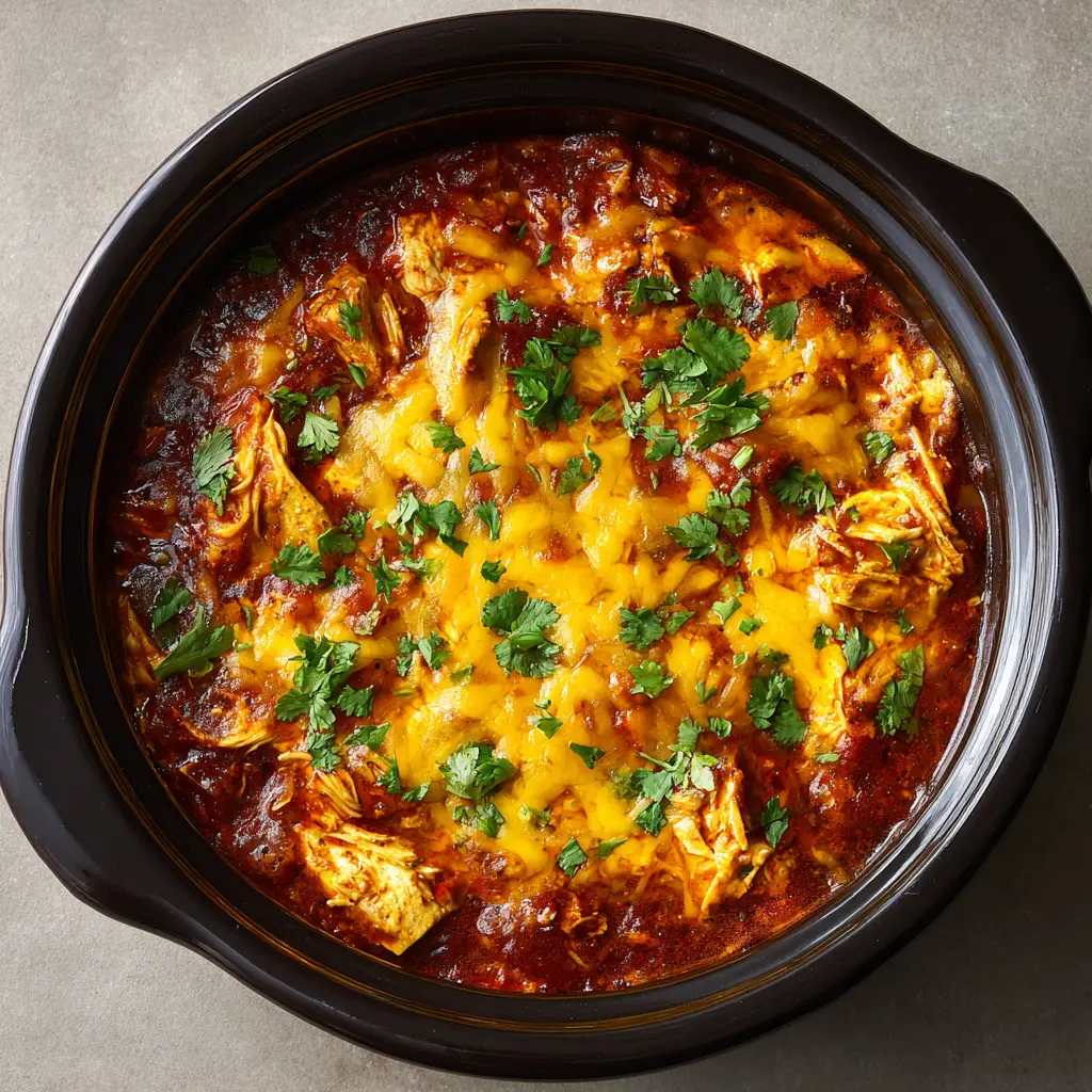 A close-up shot showing the layers of tortilla, shredded chicken, and red sauce in the Crockpot Chicken Enchiladas.