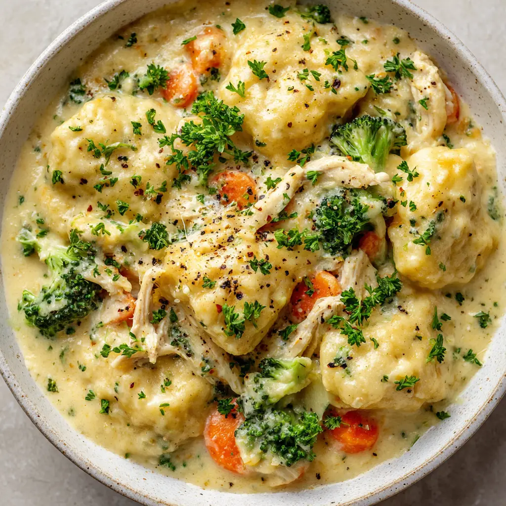 The Ultimate Crockpot Chicken and Dumplings (So Creamy!) 1 A serving of homemade Crockpot Chicken and Dumplings, showing the fluffy texture of the biscuit dumplings against the creamy chicken stew.
