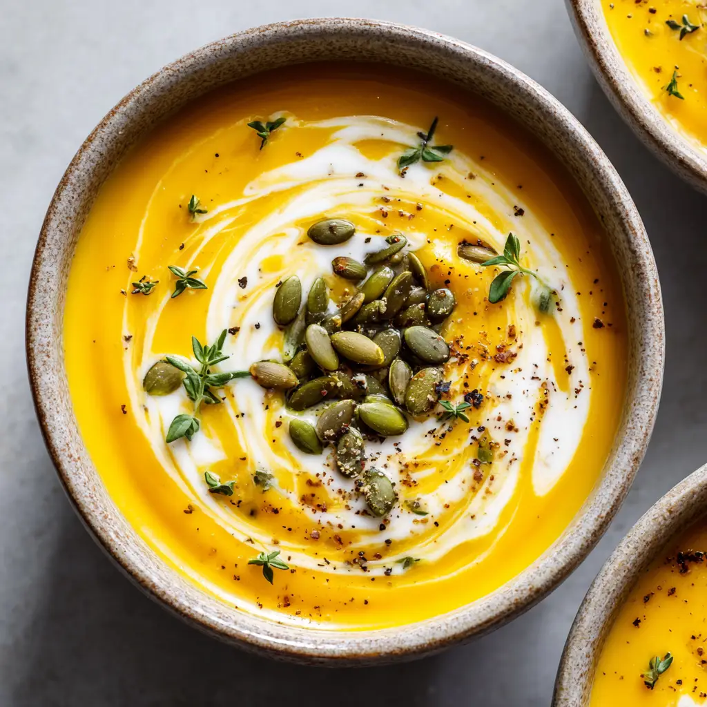 A detailed shot of the garnishes on the creamy butternut squash soup: a delicate swirl of heavy cream, toasted green pumpkin seeds, and fresh thyme.