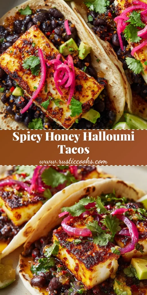 A close-up of Halloumi Tacos on a ceramic plate. The soft tortillas are filled with pan-seared halloumi, black bean salad, pickled red onions, avocado, and cilantro, all drizzled with spicy honey.