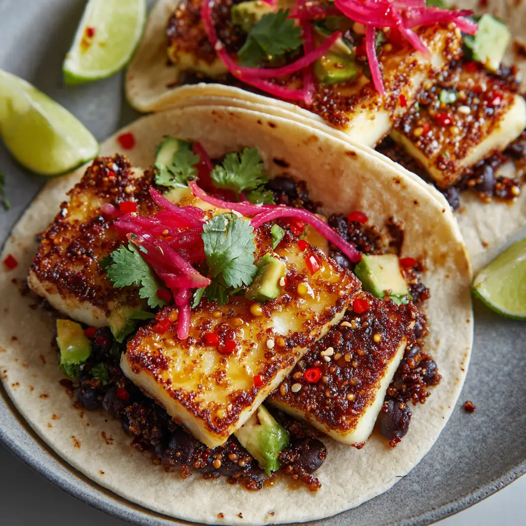 A side-view of a Halloumi Taco, showing the layers of chunky black bean salad, thick halloumi slices, and a generous drizzle of golden spicy honey.