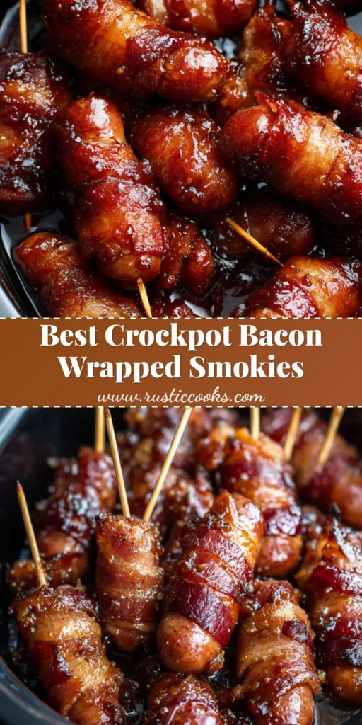 A shareable pin image of Crockpot Bacon Wrapped Smokies. Cocktail sausages are wrapped in crispy bacon and coated in a dark brown sugar glaze, piled in a slow cooker.