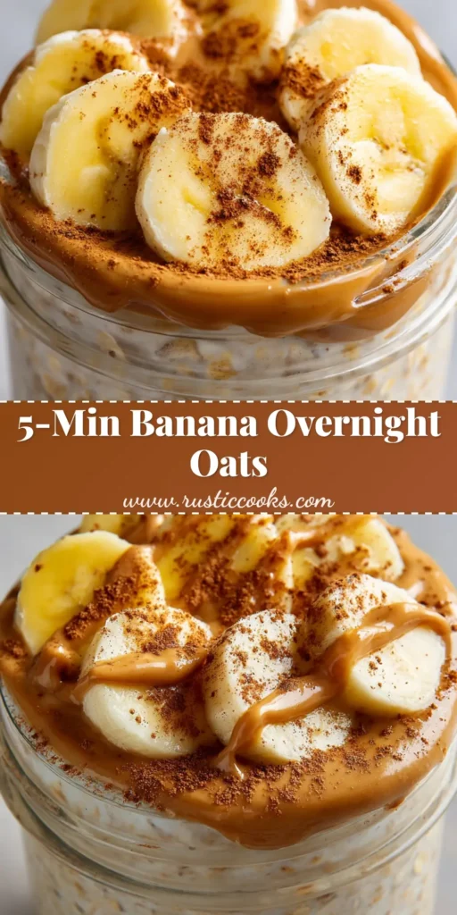 The Ultimate Banana Overnight Oats (Creamy & Easy Recipe) 4 Creamy Banana Overnight Oats in a mason jar, topped with fresh banana slices, a glossy peanut butter drizzle, and a dusting of cinnamon. Perfect for a healthy make-ahead breakfast.
