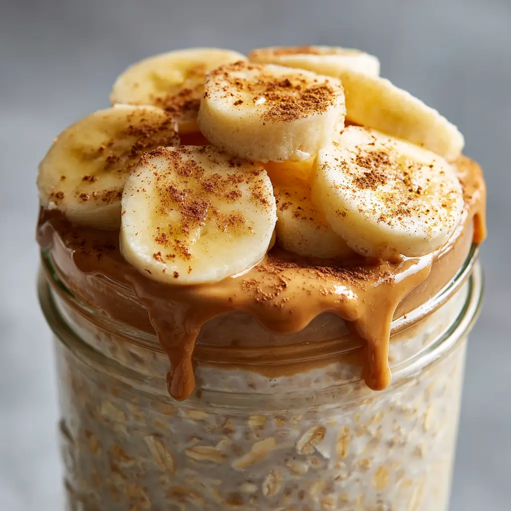 A close-up, top-down view of Banana Overnight Oats in a clear glass jar. The layers of creamy oats, sliced bananas, and peanut butter are clearly visible.
