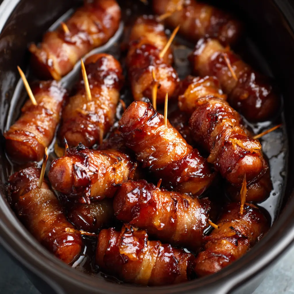 A serving of Crockpot Bacon Wrapped Smokies in a black ceramic bowl, with toothpicks for easy serving.