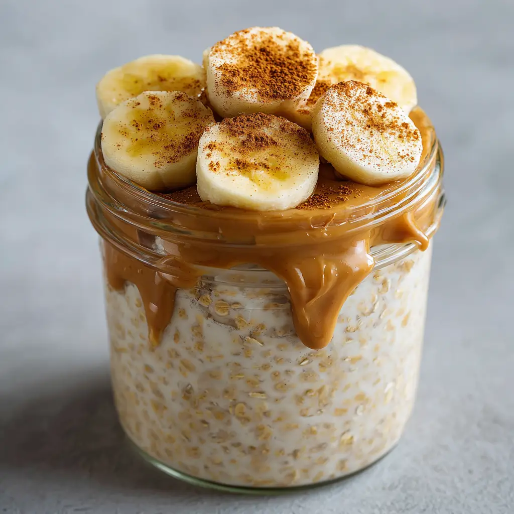 The Ultimate Banana Overnight Oats (Creamy & Easy Recipe) 1 A side angle shot of Banana Overnight Oats, showcasing the thick texture of the soaked oats and the generous toppings in soft, natural light.