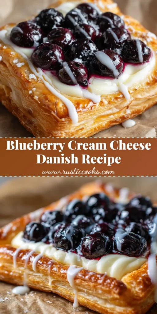 The Ultimate Blueberry Cream Cheese Danish: A Baker's Dream 4 A perfectly baked Blueberry Cream Cheese Danish on crinkled parchment paper, featuring golden flaky pastry, a smooth cream cheese center, glossy blueberries, and a white icing drizzle.