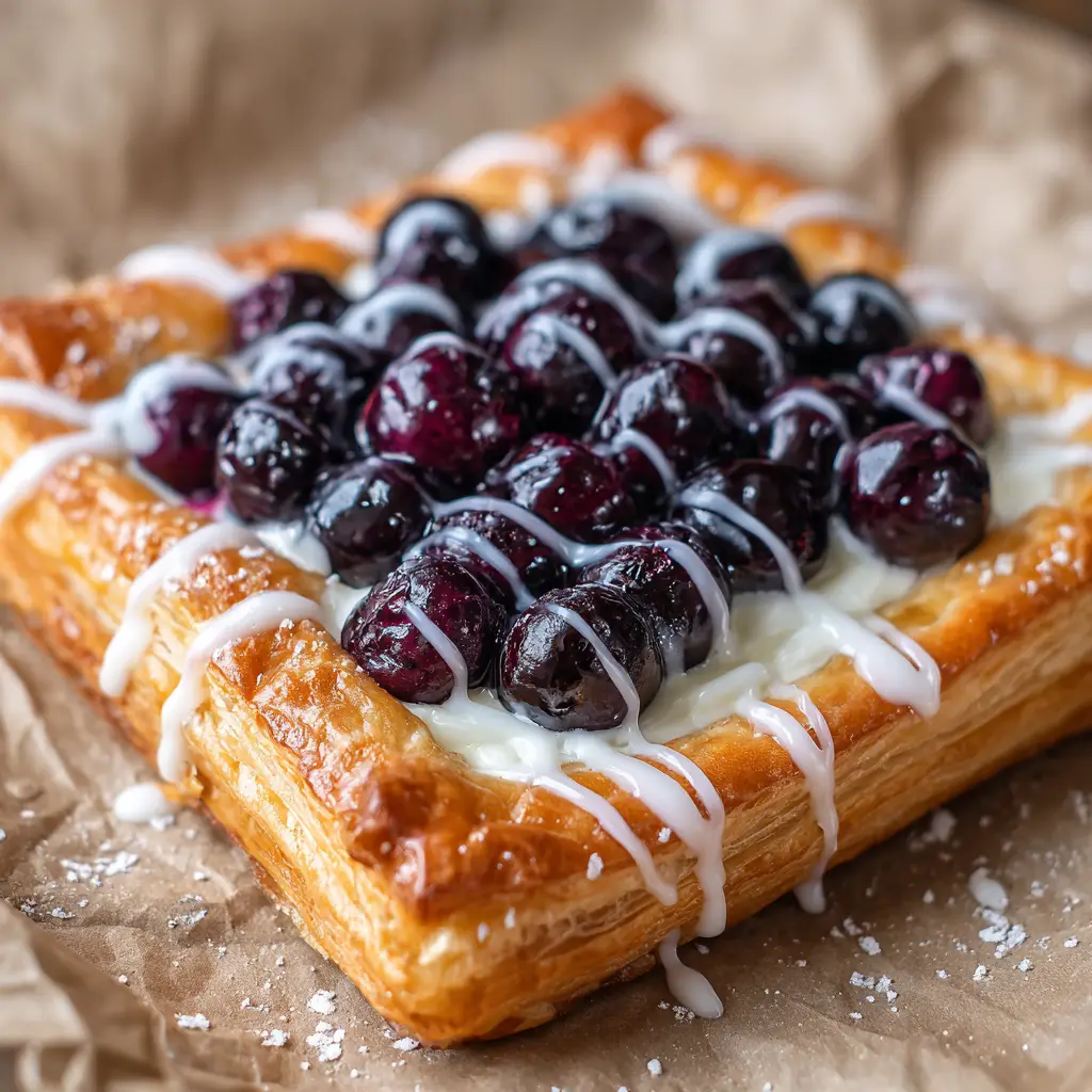 A close-up shot of a golden, flaky Blueberry Cream Cheese Danish, showing the layers of the puff pastry and the rich, jammy blueberry topping.