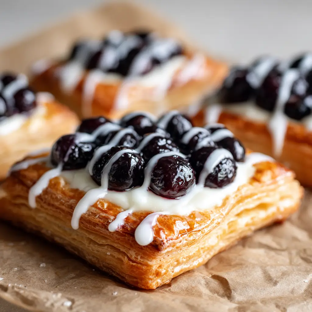 The Ultimate Blueberry Cream Cheese Danish: A Baker's Dream 1 Assembling the Blueberry Cream Cheese Danish before baking, with the smooth cream cheese filling and blueberry topping on the raw puff pastry.