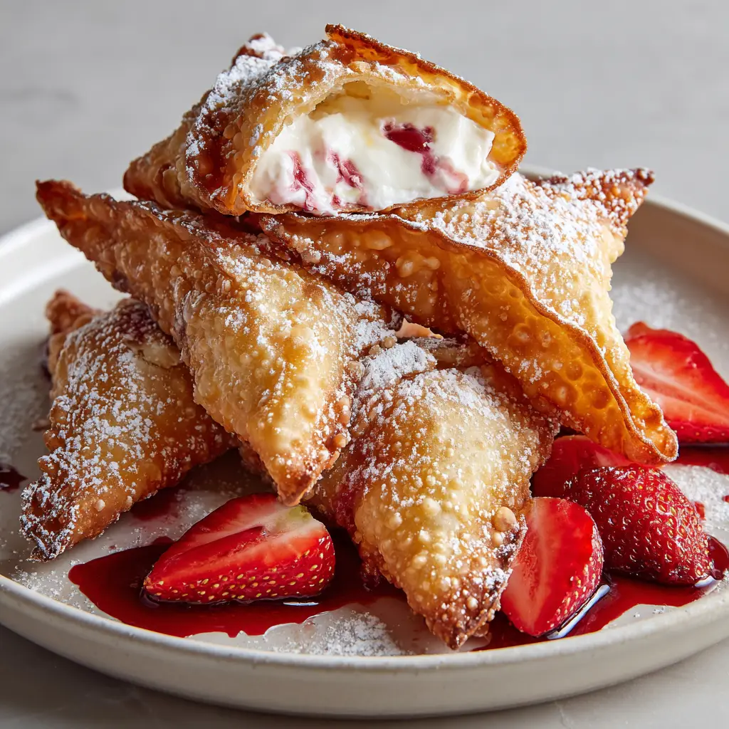 Broken open wonton revealing a thick, creamy white and pink speckled strawberry cream cheese filling with a drizzle of red syrup.