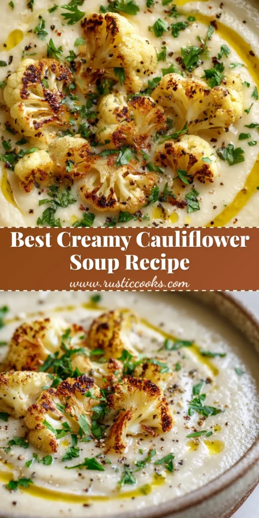 A rustic ceramic bowl filled with creamy pale ivory cauliflower soup, garnished with golden-brown roasted florets, heavy cream swirl, olive oil, and green herbs.