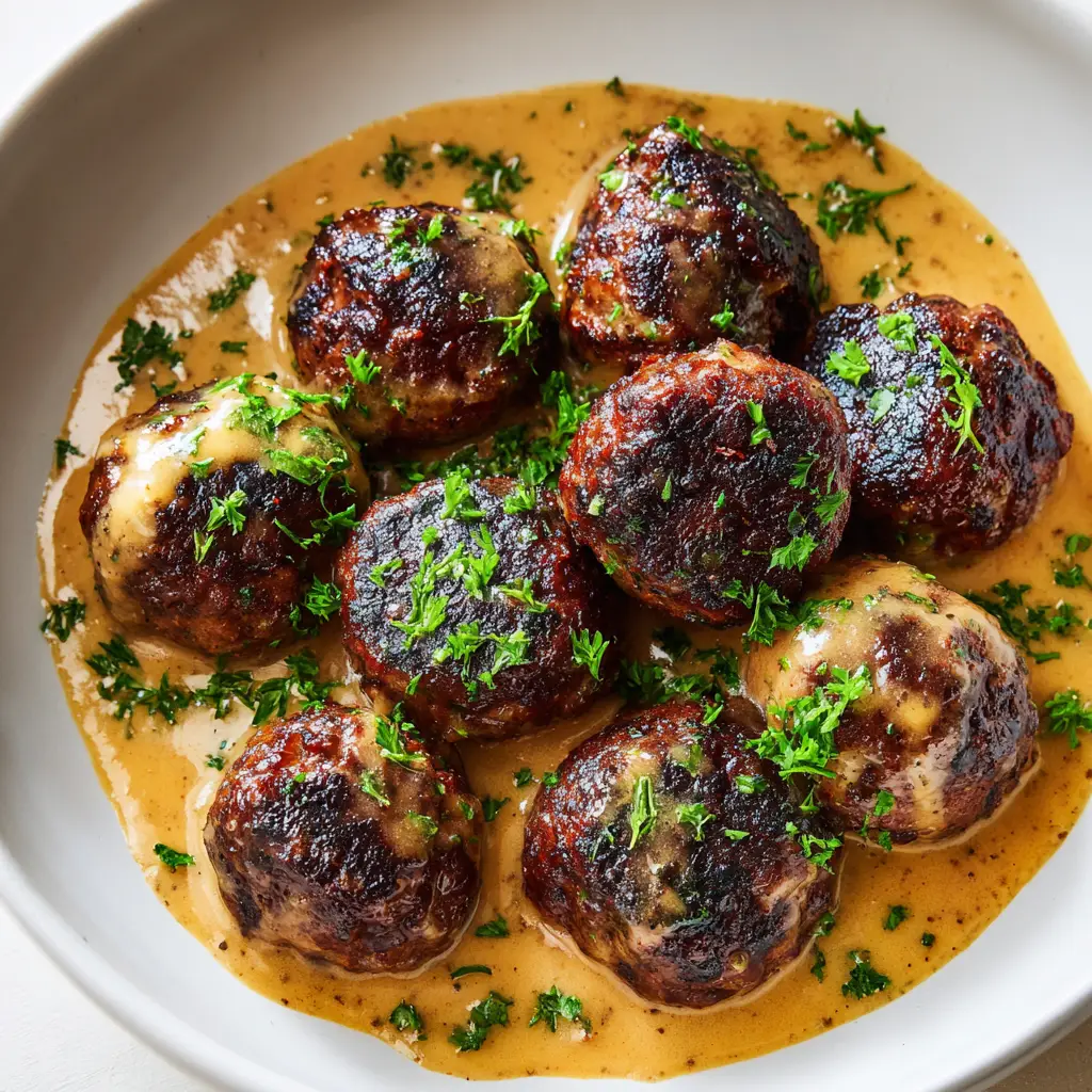 Close up of minced bright green fresh curly parsley scattered over easy swedish meatballs and glossy gravy.