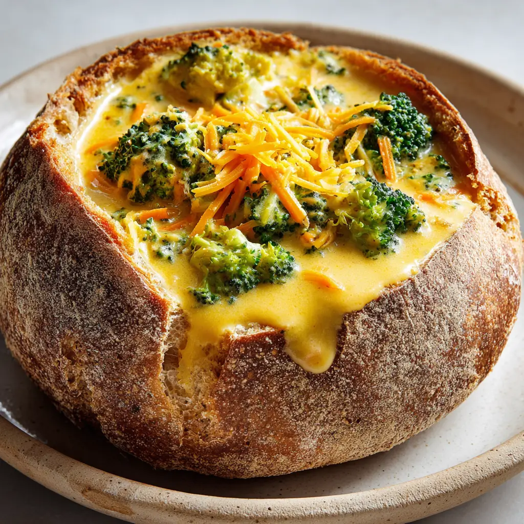 Close-up of creamy cheese soup densely packed with tender, bright green cooked broccoli florets and orange carrots.